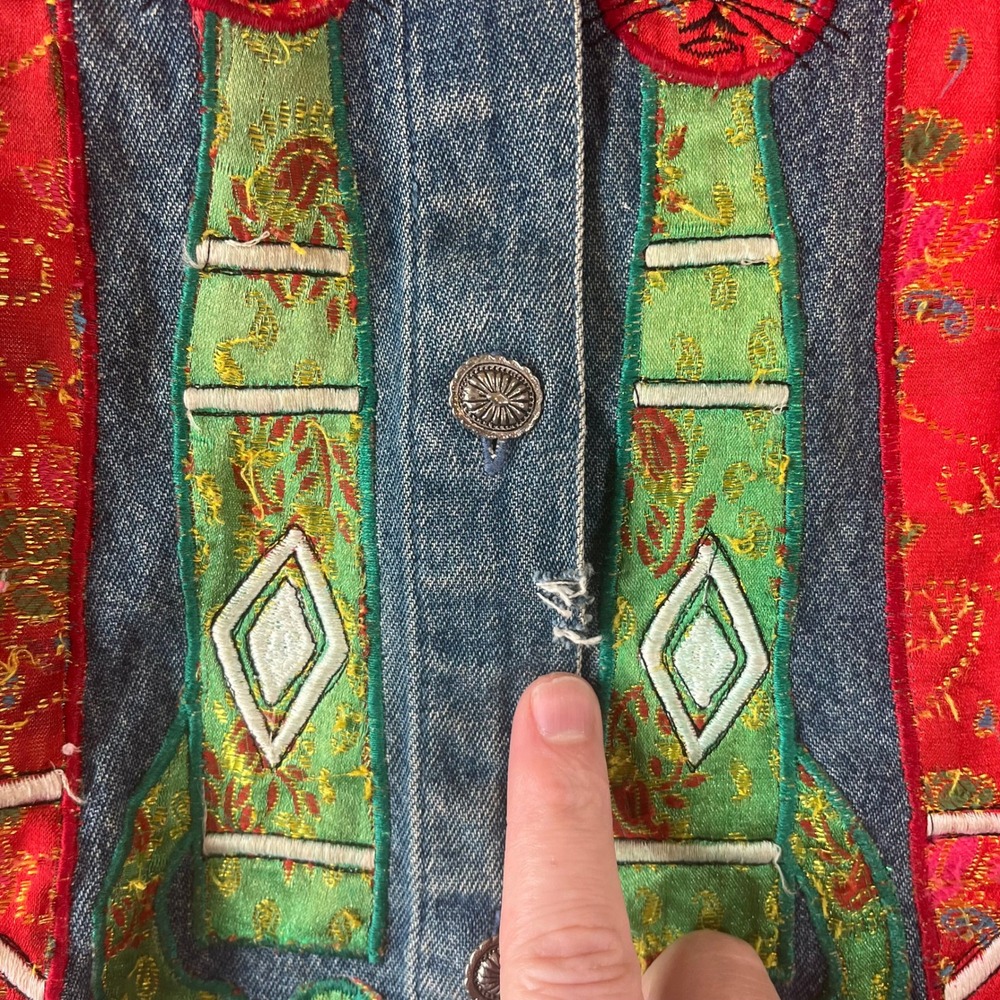 Tantrums Vintage Denim Jacket Women L Cat Patchwork Embroidered Art to Wear - Picture 4 of 16